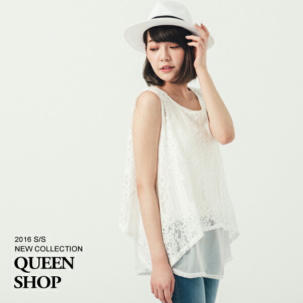 Ｑｕｅｅｎ Ｓｈｏｐ【01093882】蕾絲後開叉無袖雪紡上衣＊現貨+預購＊