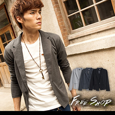 Free Shop【QG2038】韓版型男窄版修身款單扣棉質長袖西裝外套‧三色 黑深淺灰 現+預