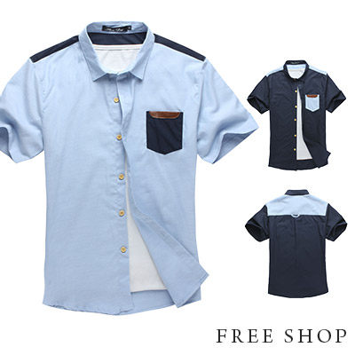 Free Shop【QR20100】韓版簡約皮標拼接撞色口袋素色素面短袖襯衫‧二色