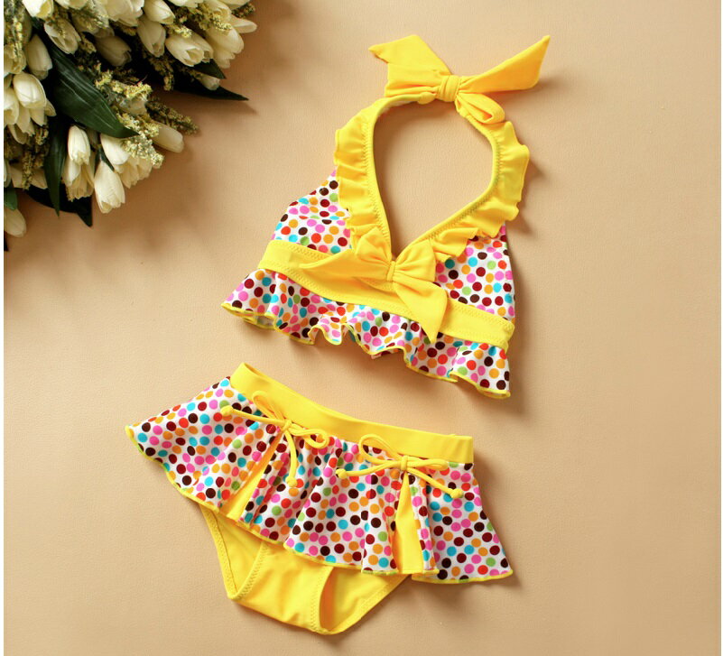 嬰幼兒大童兒童 女童泳裝 比基尼綁帶泳裝 彩色點點蝴蝶結 2色/分尺碼