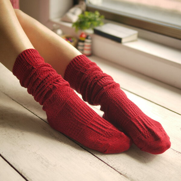 日韓系 中統襪 粗線全棉堆堆襪過膝襪大腿襪 暗方格花紋粗針女襪-4色/單售