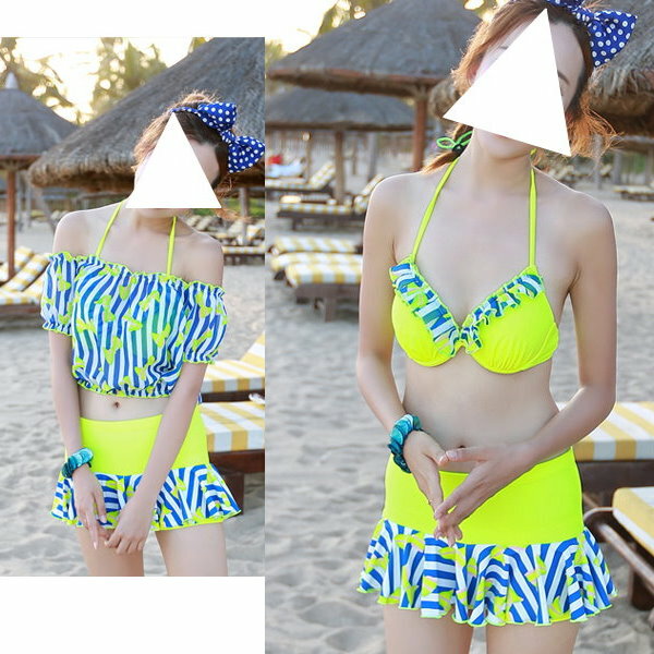 日韓夏新款 性感螢光平角裙式比基尼三件套 集中帶鋼托遮肚 泳裝