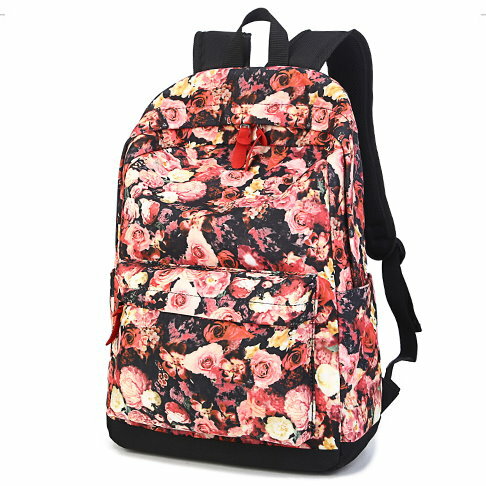 新款復古學院風書包玫瑰印花雙肩包女休閒學生背包旅遊電腦包
