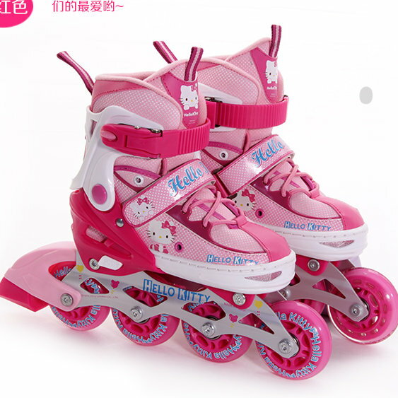 Hello Kitty 凱蒂貓可調兒童溜冰鞋 直排輪三輪四輪 全套裝組-粉紅色