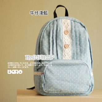 uano日本新款 水洗牛仔水玉蕾絲褶皺木扣雙肩包/後背包 森林女孩系-4色/單售