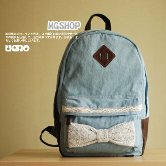 日本新款 甜美蕾絲蝴蝶結 水洗牛仔雙肩包 丹寧布/單售