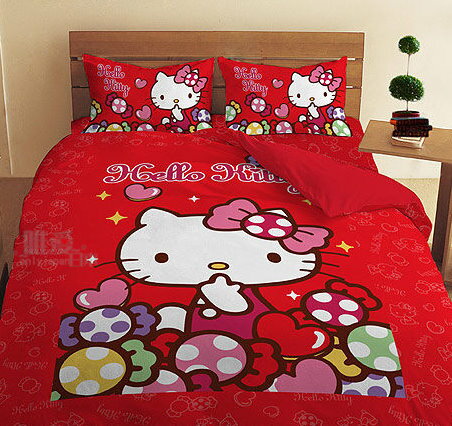 【唯愛日本】13041900002 單人床包3.5*6.2-彩虹糖樂園紅 三麗鷗 Hello Kitty 凱蒂貓 寢具用品