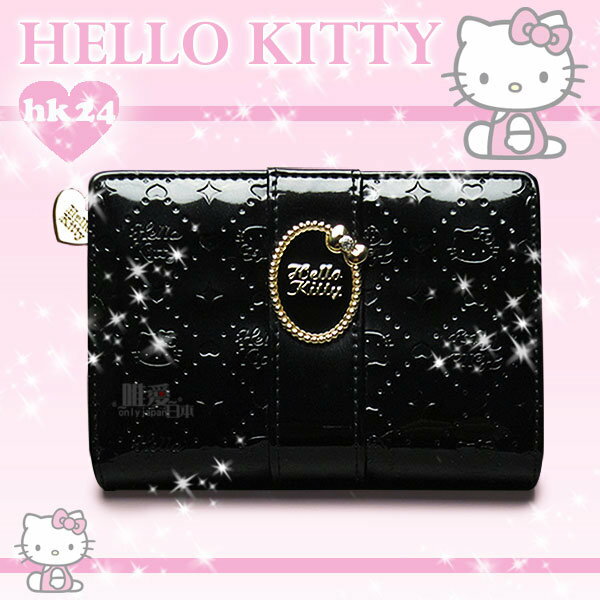 【唯愛日本】13051100041 珠光拉鍊短夾-緞帶胸針黑 三麗鷗 Hello Kitty 凱蒂貓 皮夾 亮皮錢包