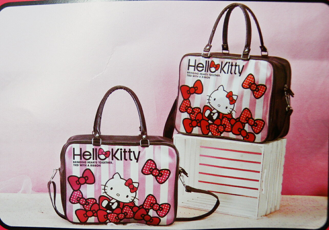 【唯愛日本】14102100013 揹提兩用包-條紋蝴蝶結紅 三麗鷗 Hello Kitty 凱蒂貓 外出包 流行包