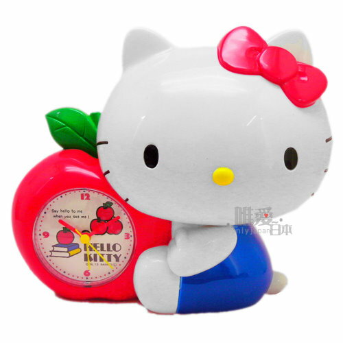 ＜KT生活館＞12022100048 側坐抱蘋果時鐘貯金箱-蘋果圖 三麗鷗Hello kitty 凱蒂貓 存錢筒 時鐘