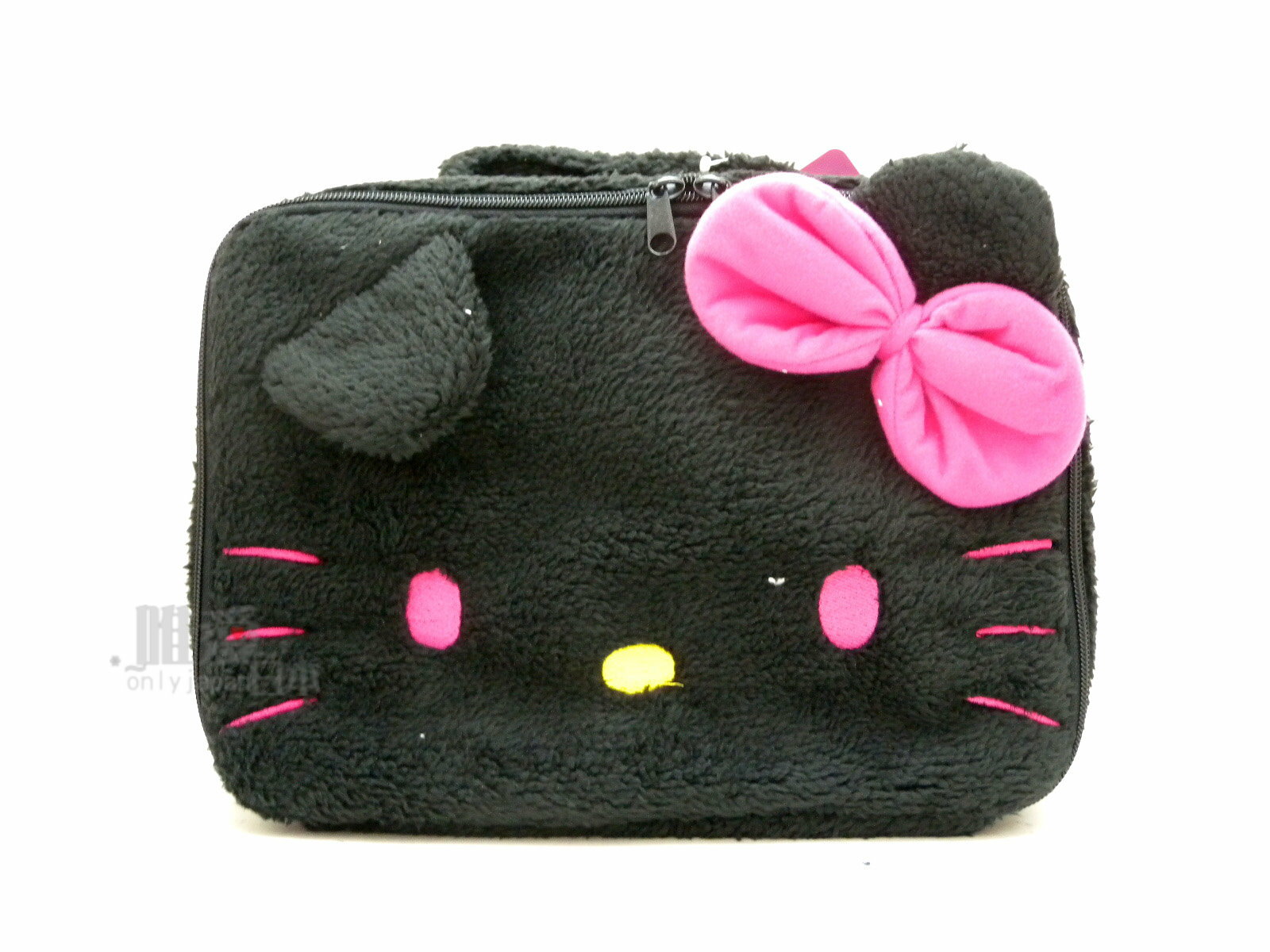 【唯愛日本】14041500007 絨毛手提化妝包-大臉黑 三麗鷗 Hello Kitty 凱蒂貓 化妝箱 日本景品