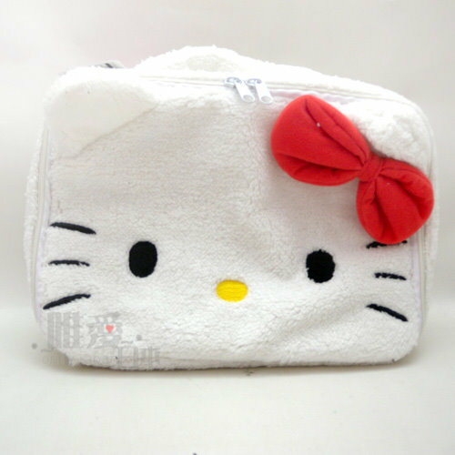 【唯愛日本】14041500008 絨毛手提化妝包-大臉白 三麗鷗 Hello Kitty 凱蒂貓 化妝箱 日本景品