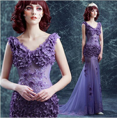 天使嫁衣【AE242】紫色雙肩立體花片透視性感拖尾長禮服-預購訂製款