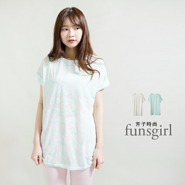 千鳥格微透膚反折短袖上衣-2色~funsgirl芳子時尚【B191047】