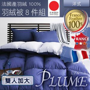 洋式高級法國羽絨被 (PLUME款) 加大雙人八件組 外銷日本 日本熱銷 輕便溫暖 舒適柔軟 暖呼呼羽絨被八件式床包組 (適用加大雙人床)