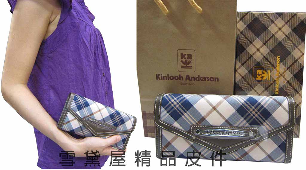 ~雪黛屋~Kinloch Anderson英國金安德森格紋長型皮夾緹花布+100%牛皮三折暗釦式主袋KA151202