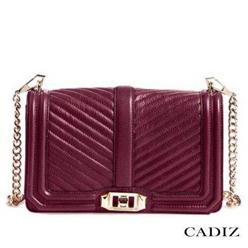 【Cadiz】美國正品 Rebecca Minkoff 酒紅色斜紋金釦鍊條 [Chevron Quilted Love crossbody 代購 現貨]