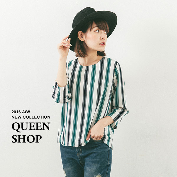 Ｑｕｅｅｎ Ｓｈｏｐ【01094060】撞色直條紋圓領上衣＊現貨+預購＊