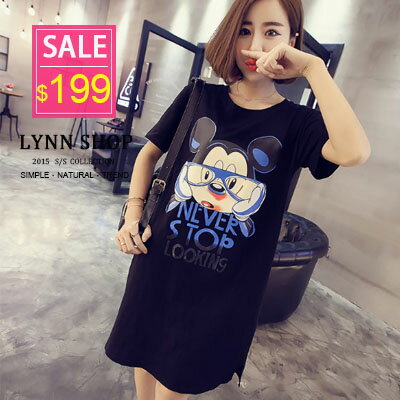 Lynn Shop 【1500090】短袖T恤 卡通鼠字母膠印圓領短袖T恤2色 預購