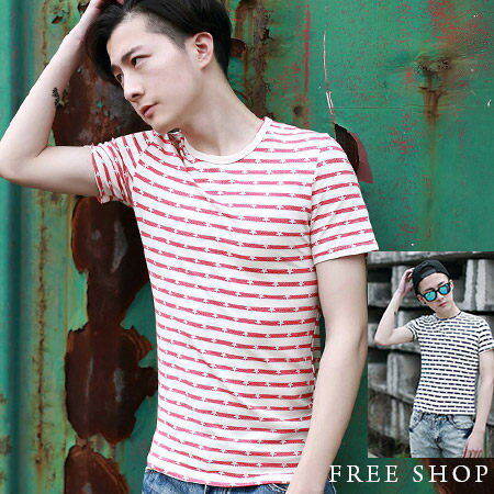 Free Shop【QTJT36】日韓風格星星橫條設計撞色圓領棉質短T短袖上衣潮T．二色