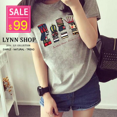 Lynn Shop 【1500098】短袖T恤 俏皮可愛卡通國王印花圓領短袖T恤 2色 預購