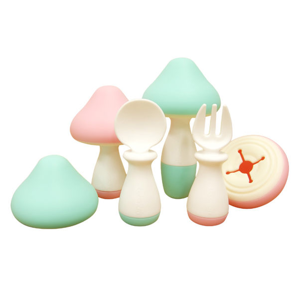 韓國【COCONORY】可可艾莉 香菇造型湯匙叉子組 / 蘑菇軟質餐具組 (粉/綠)