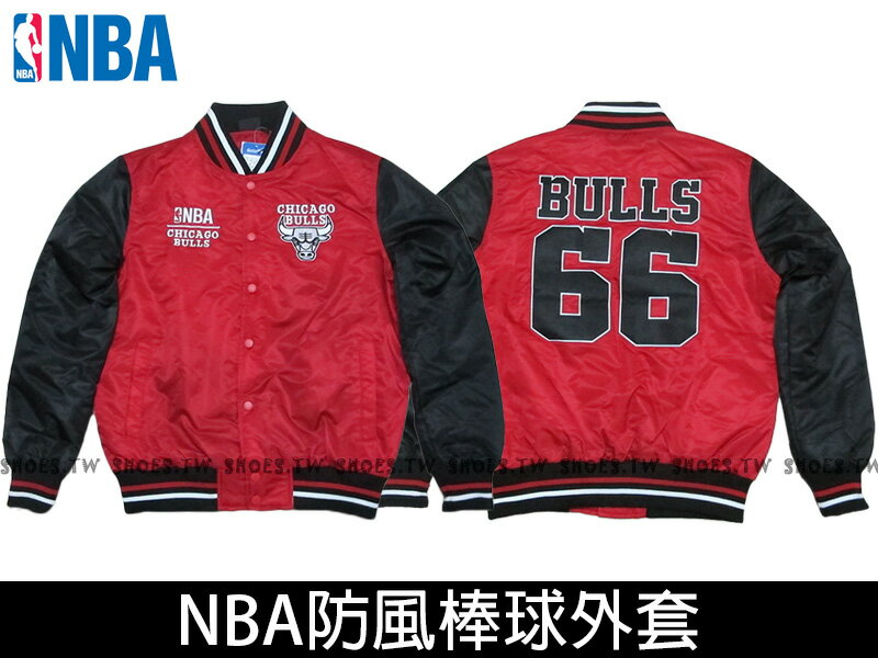 Shoestw【8560718-110】NBA 棒球外套 排釦 防風 芝加哥 公牛 光滑面 合身款 紅黑66 爆裂手袖