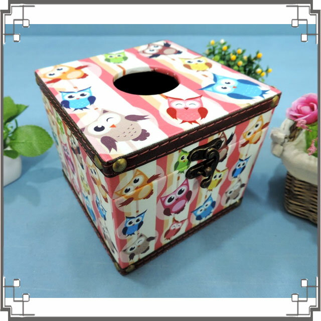 木製皮革方形面紙盒《LC13》大眼貓頭鷹貼皮紙巾盒 收納盒 居家布置◤彩虹森林◥