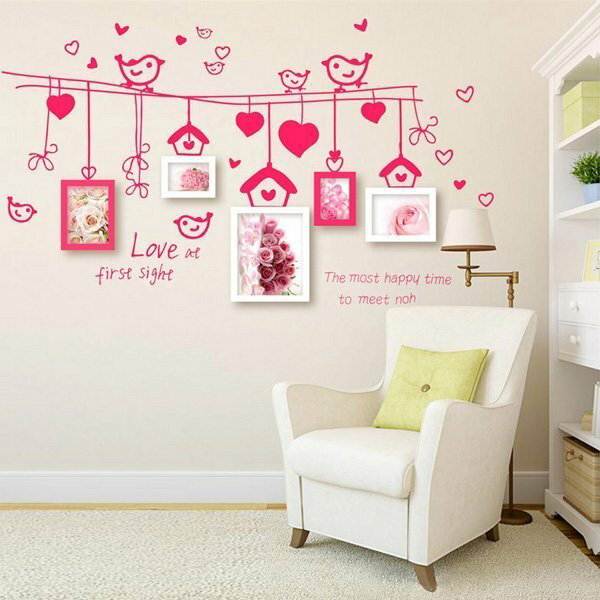 BO雜貨【YV4329】5框粉紅鳥實木相框創意照片牆 新款創意照片牆 相框牆 壁貼 居家裝飾