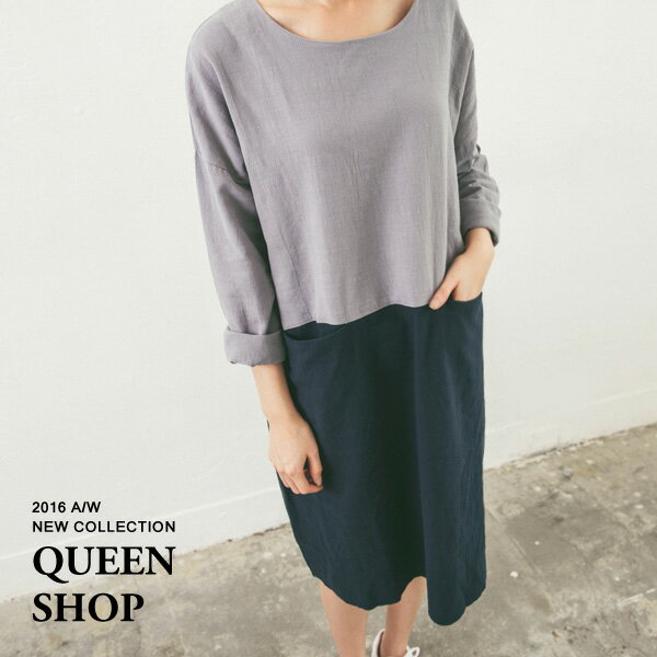 Ｑｕｅｅｎ Ｓｈｏｐ【01083054】上下配色造型口袋洋裝 兩色售＊現貨+預購＊