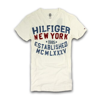 美國百分百【Tommy Hilfiger】T恤 TH 男 V領 T-shirt 短袖 短T 白色 復古 文字 XS S號 F214