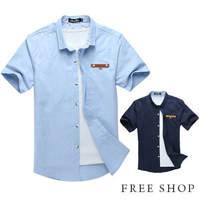 Free Shop【QR20265】韓版極簡百搭穿著胸口皮標造型素色素面短袖襯衫‧二色
