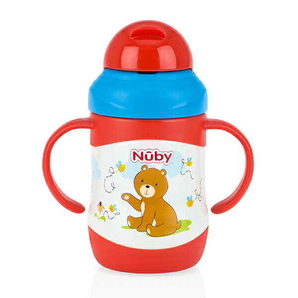 Nuby - 不銹鋼真空學習杯 (粗吸管) 220ml 熊寶貝 贈Nuby旅行湯匙組(3入)