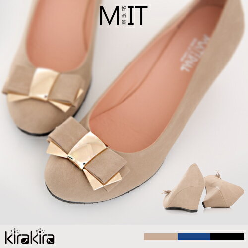楔型包鞋-kirakira-甜柔氣質朵結磨砂麂皮金釦楔型包鞋-3色