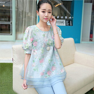 *ORead*歐根紗花朵拼接蕾絲短袖+純棉七分褲(3色M~2XL)