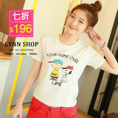Lynn Shop 【1500107】短袖T恤俏皮可愛卡通狗印花圓領短袖T恤 2色 預購