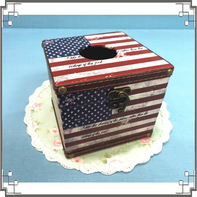 木製皮革方形面紙盒《17》美國國旗貼皮紙巾盒 收納盒 居家布置◤彩虹森林◥