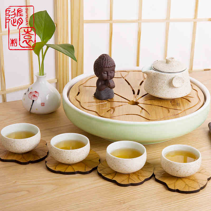伝統茶 儲水迷你小茶盤茶台茶托 日式茶具圓形陶瓷茶盤十天預購+現貨