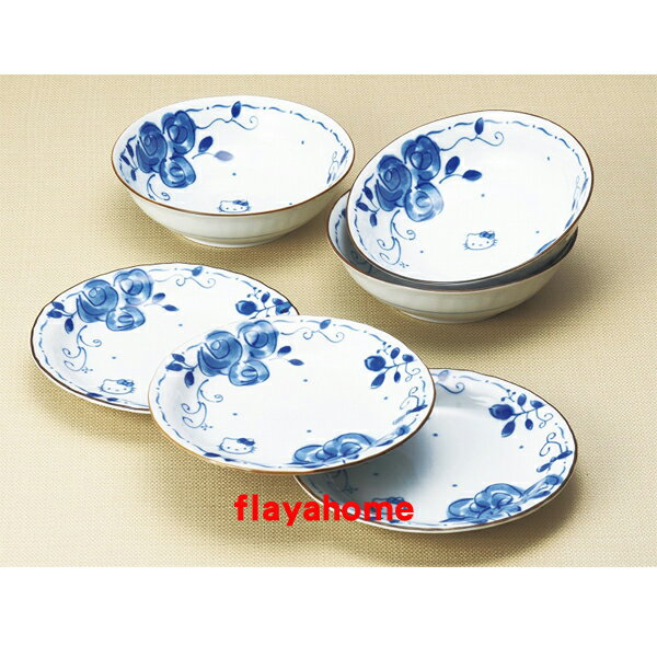 《富樂雅居》日本製 藍染和風 Hello Kitty 藍玫瑰 皿鉢三揃 3缽3盤組
