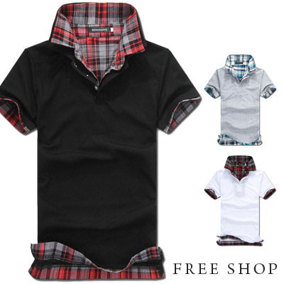Free Shop【QTJP02】韓版內裡格紋假兩件設計時尚立領短袖POLO衫‧三色 有大尺碼