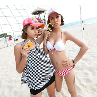 『泳裝出清』俏麗女孩.方格比基尼三件式泳衣(三件式泳裝.泡湯泳衣.泡湯泳裝.專賣店.特賣會.推廌.)