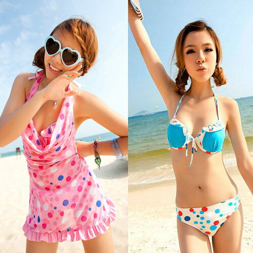 『泳裝出清』俏麗甜美.點點浪漫花邊綁帶比基尼三件式泳衣(三件式泳裝.泡湯泳衣.泡湯泳裝.專賣店.特賣會.便宜)