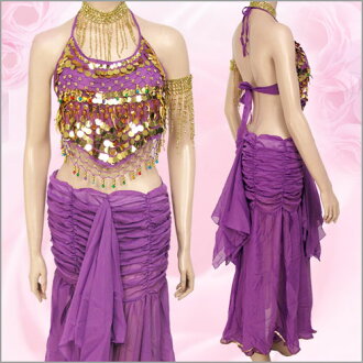 高雅亮片金幣雪紡綁帶肚皮舞套裝(上衣+紗裙).表演服.舞蹈