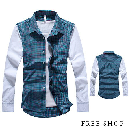 Free Shop【QH121331】日韓風格質感造型修身撞色經典三角領肩上拼接格紋長袖襯衫