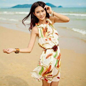 美麗大街【SW103022748】雪紡米底繽紛羽毛無袖連身洋裝(附腰帶)