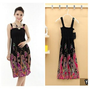 美麗大街【CF613】花紋平口抹胸背帶兩穿連身裙洋裝