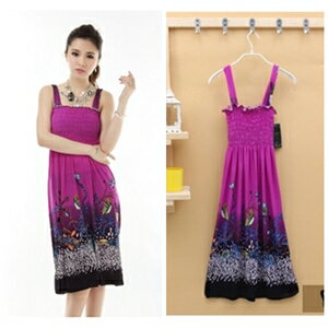 美麗大街【CF616】花紋平口抹胸背帶兩穿連身裙洋裝