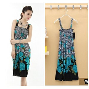 美麗大街【CF619】花紋平口抹胸背帶兩穿連身裙洋裝