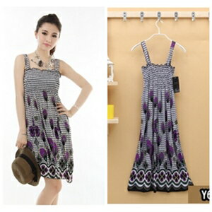 美麗大街【CF625】花紋平口抹胸背帶兩穿連身裙洋裝