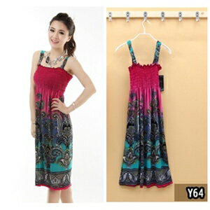 美麗大街【CF64】花紋平口抹胸背帶兩穿連身裙洋裝